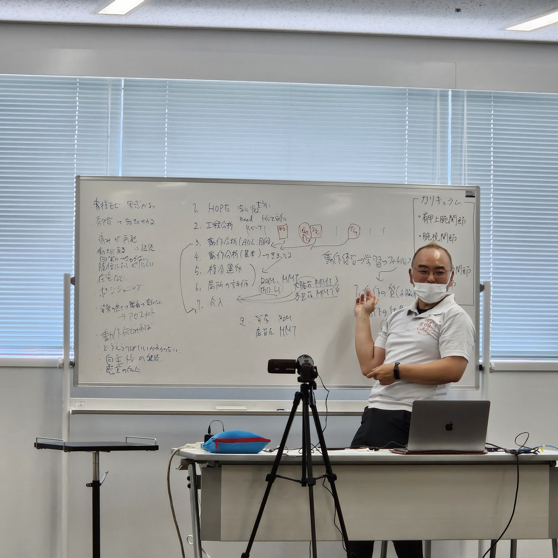 ホワイトボードに評価の手順を書きながら解説している講義の様子